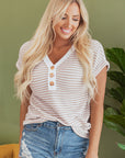 Anaya Stripe Buttoned Front V Neck Knitted Top
