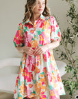 Floral Puff Sleeve Buttoned Collar Babydoll Dress