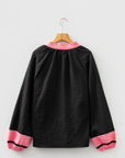 Colorblock V-Neck Textured Long Sleeve Blouse