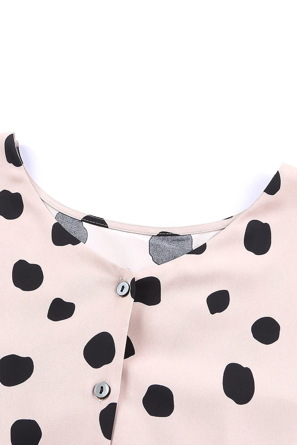 Dotted Buttoned V-Neck Frilled Puff Sleeve Blouse
