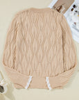 Pearl Beaded Pointelle Knit V-Neck Lace Trim Sweater