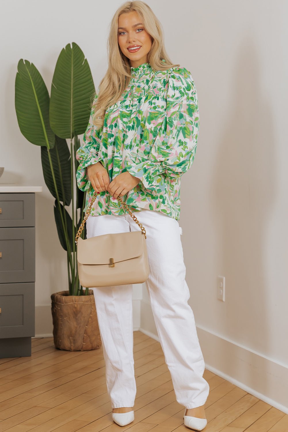 Milena Sleeve Shirred Mock Blouse