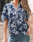 Floral Stripe Trim Puff Sleeve V-Neck Blouse