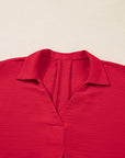 Plus Size Solid Collared V-Neck Smocked 3/4 Sleeve Top