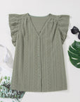 Lace Textured Flutter Sleeve Buttoned V-Neck Shirt