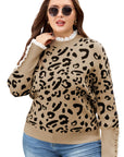 Plus Size Leopard Knit Lacy Trim Long Sleeve Sweater