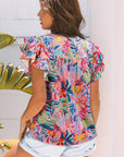 Floral Frilled Notch Neck Ruffle Sleeve Blouse