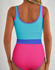 Colorblock Textured Patchwork One-Piece Swimsuit