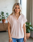 Solid Ribbed Knit Collared V-Neck Tee