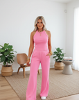 Solid Ribbed Tank Top and Sweatpants Set