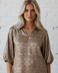 Snake Skin Metallic Polo Collared V-Neck Blouse