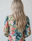 Floral Contrast Trim V-Neck Cuffed 3/4 Sleeve Blouse