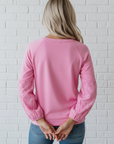 Heart Embroidered Eyelet Patchwork Long Sleeve Top