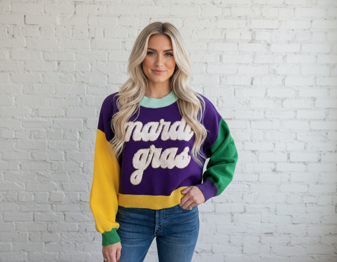 Mardi Gras Colorblock Fuzzy Patchwork Sweater