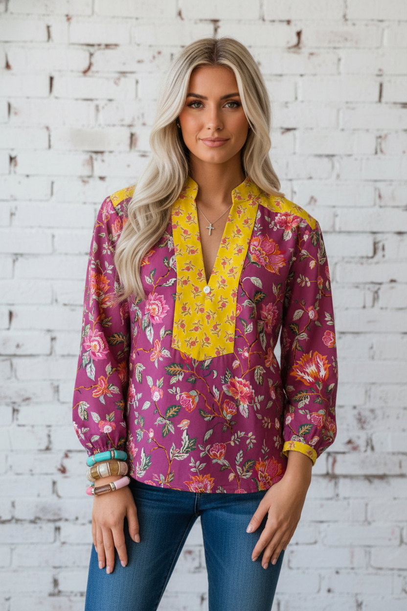 Floral Patchwork Split V-Neck Blouse