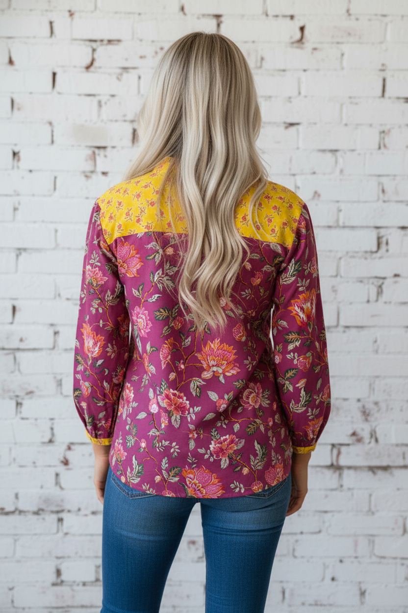 Floral Patchwork Split V-Neck Blouse