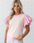 Stripe Patchwork Ruffle Short Sleeve Blouse