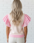 Stripe Patchwork Ruffle Short Sleeve Blouse