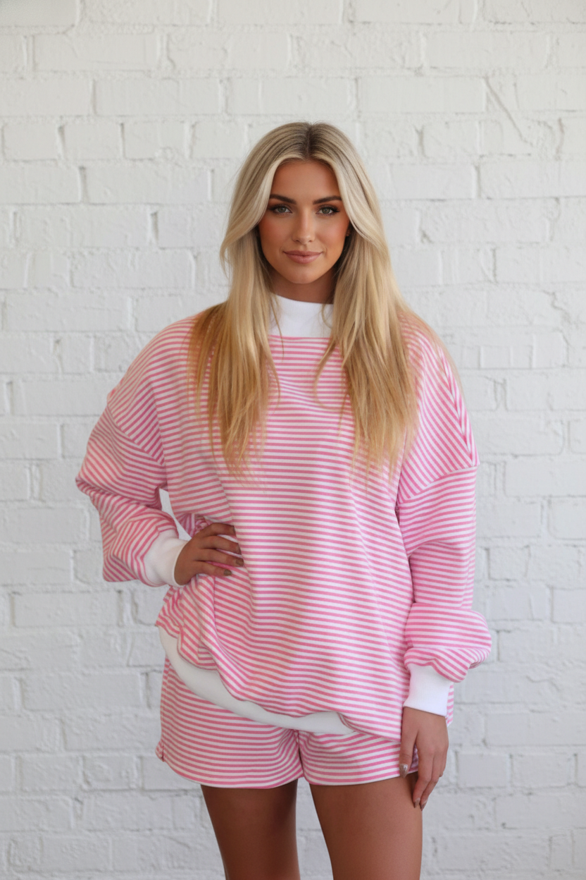 Stripe Oversize Mock Neck Sweatshirt &amp; Shorts Set