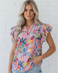 Floral Frilled Notch Neck Ruffle Sleeve Blouse