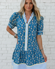 Floral Ruffle Stripe Trim Short Sleeve Buttoned Dress