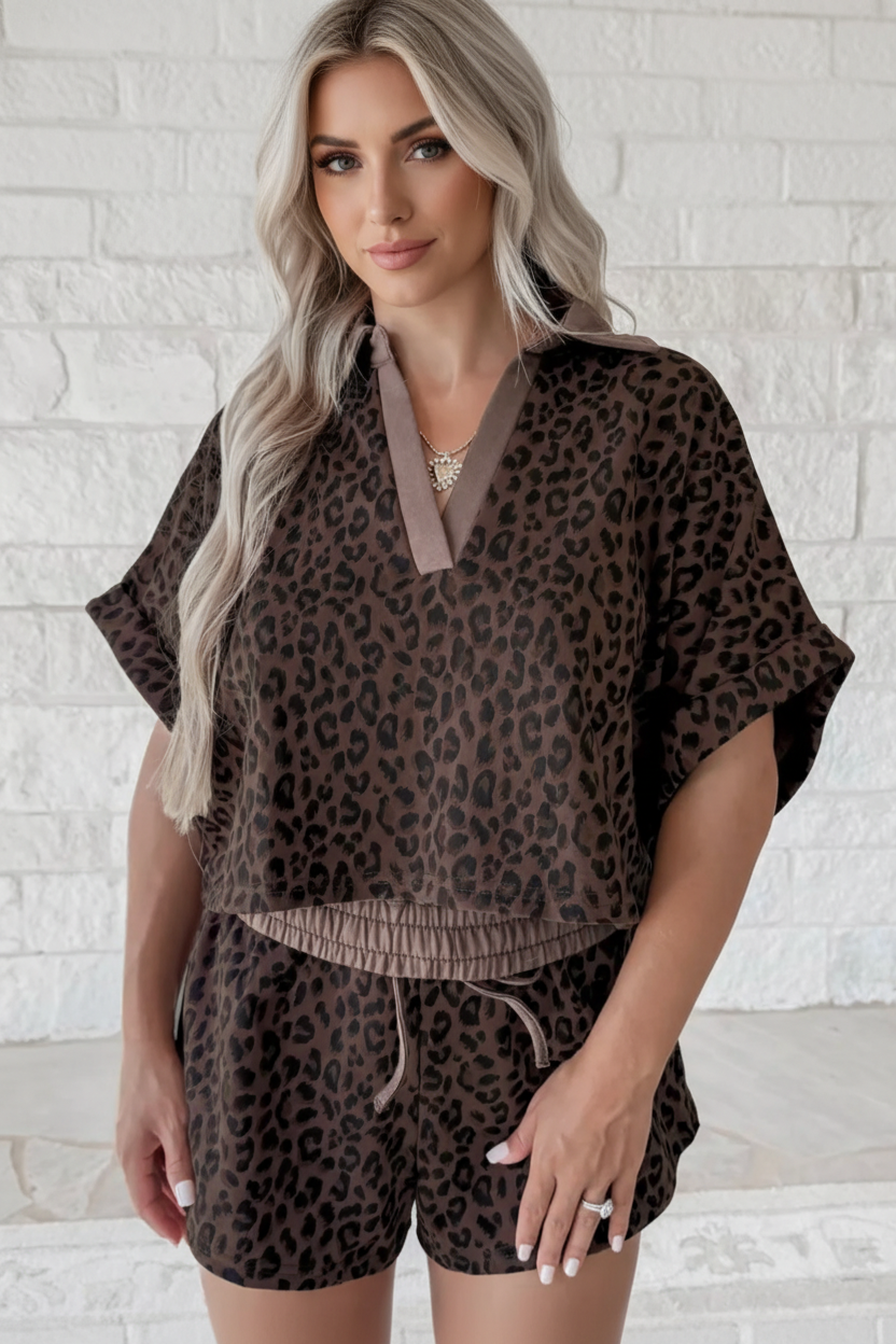 Leopard Collared V-Neck Top &amp; Shorts Set