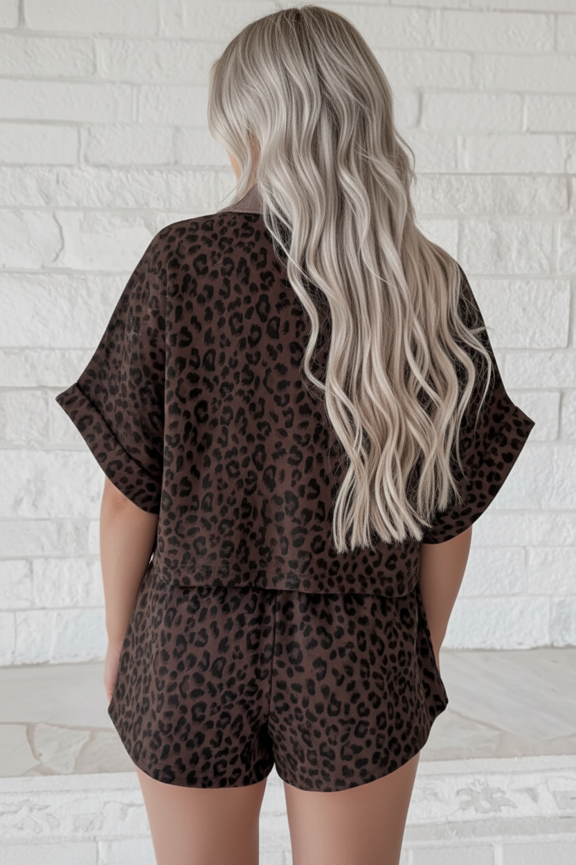 Leopard Collared V-Neck Top &amp; Shorts Set