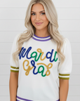 Mardi Gras Tinsel Lettering Short Sleeve Sweater