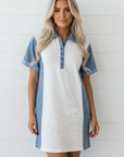 Colorblock Denim Patchwork Polo Collar Tunic Dress
