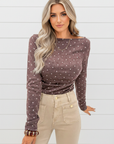 Polka Dot Boat Neck Long Sleeve Ruched T-Shirt