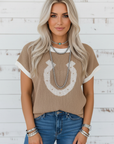 Western Horseshoe Contrast Trim Short Sleeve Sweater