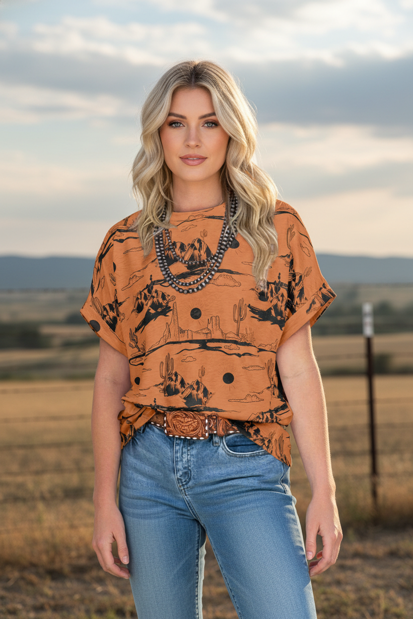 Western Desert Short Sleeve Knit Top