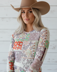 Floral Patchwork Mesh Mock Neck Long Sleeve Top