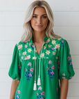 Floral Tassel Tie Split Neck Short Sleeve Blouse