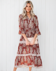 Floral Boho Belted Stripe Trim Tiered Maxi Dress