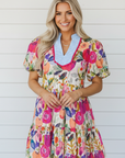 Floral Ricrac Trim Stripe Patchwork V-Neck Dress