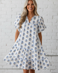 Floral Puff Sleeve Tied Neck Pocketed Mini Dress