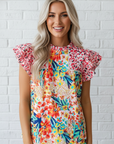Floral Patchwork Ruffle Cap Sleeve Blouse