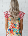 Floral Patchwork Ruffle Cap Sleeve Blouse