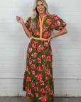 Floral Stripe Trim Short Puff Sleeve Maxi Dress