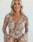 Floral Tie V-Neck Long Bell Sleeve Blouse