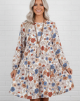 Floral Round Neck Ruffle Long Sleeve Dress