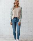 Floral Patchwork Corded Knit Long Sleeve Top