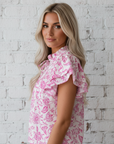 Floral Ruffle Sleeve V-Neck Blouse