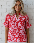 Floral Split V-Neck Ruffle Sleeve Blouse Top