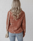 Floral Corded Knit Drawstring Kangaroo Pocket Hoodie