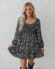 Floral Long Sleeve Frill Square Neck Dress