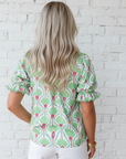 Floral Ricrac Trim V-Neck Bubble Sleeve Blouse