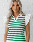 Stripe Collar V-Neck Ruffle Short Sleeve Blouse