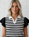 Stripe Collar V-Neck Ruffle Short Sleeve Blouse
